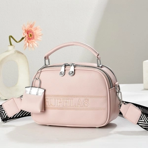 Pink lychee texture crossbody bag with embroidery and removable geometric strap