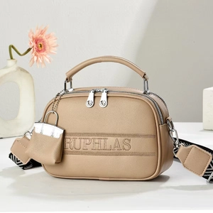 Khaki soft leather crossbody boston bag with woven strap and mini pendant charm