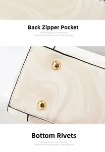 Macro detail of back zipper pocket and gold protective bottom rivets on marble pattern bag