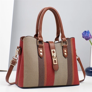 Chic women's handbag with red, brown, and beige stripes and gold metal lock detail