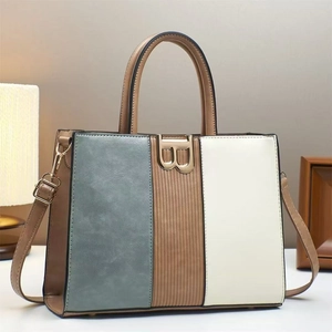 Detail of color-block tote bag with golden B-shaped buckle and adjustable strap