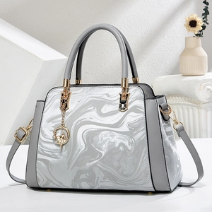 Grey tote bag with marble pattern, gold hardware and ballet dancer charm for women