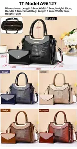 Detailed size chart and internal structure of crocodile pattern leather handbag set
