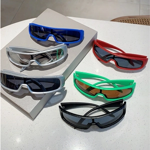Selection of futuristic sports sunglasses with sleek wraparound frames in multiple colors