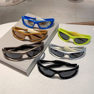 Detailed display of Y2K wraparound sports sunglasses in six various fashion color options