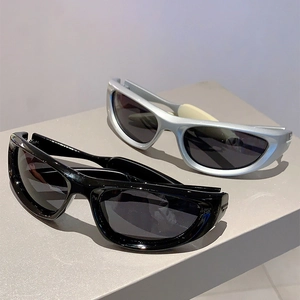 Y2K sporty wraparound sunglasses in black and silver with UV protection lenses