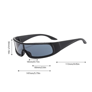 Detailed dimensions of cyberpunk wrap sunglasses showing frame width and lens height