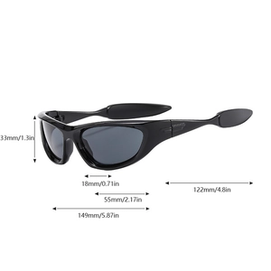 Detailed dimensions of Y2K wrap-around sports sunglasses with streamlined black frame