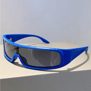 Detail showing bright blue frame texture and grey lenses of futuristic cycling sunglasses