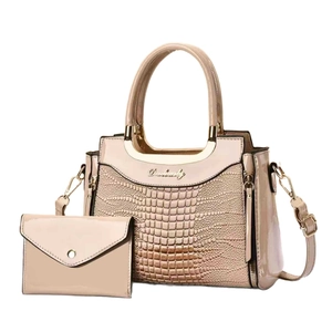 Beige crocodile embossed handbag and envelope wallet set with metal handles