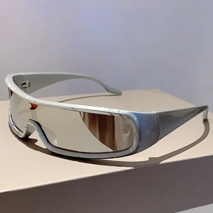 Futuristic silver wraparound sports sunglasses with mirrored lens on geometric stand