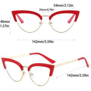 Détail de monture de lunettes papillon avec dimensions en mm et pouces sur fond blanc