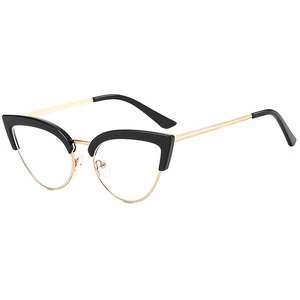 Détail de lunettes œil-de-chat vintage en métal noir et doré avec verres anti-lumière bleue