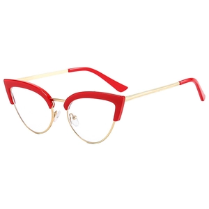 Détail d'une monture de lunettes œil-de-chat vintage en métal rouge et or anti-lumière bleue