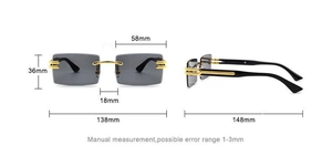 Detailed size chart for frameless rectangular sunglasses with golden metal bridge