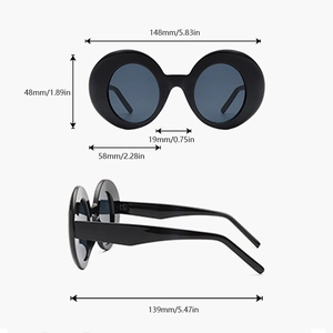 Detailed technical diagram showing dimensions of round frame oversized black sunglasses