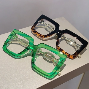 Square oversized anti-blue light glasses with gold chain temples in green and tortoiseshell