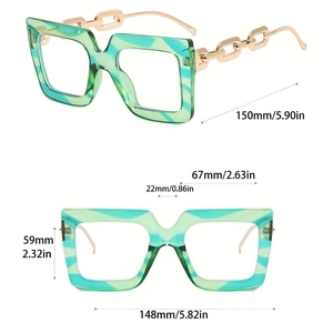 Detailed size chart for square frame glasses with green marble texture and chain temple