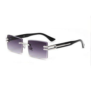 Frameless rectangular sunglasses with purple gradient lenses and silver hinge accents