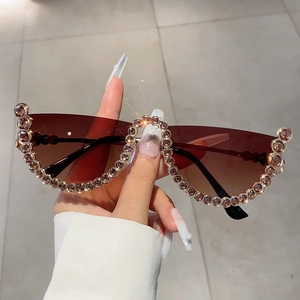 Fashionable half-frame rhinestone sunglasses with brown gradient lenses and gold metal frames