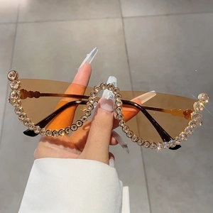 Fashion Cat Eye Semi-Rimless Sunglasses For Women With Rhinestone Metal Frame Gradient PC Lens UV400 Protection Luxury