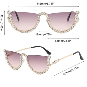 Detailed dimensions of rimless rhinestone sunglasses with pink gradient lenses and gold frame