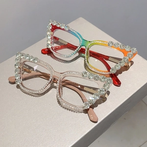 Cat eye glasses frames with rainbow gradient and crystal diamonds decoration