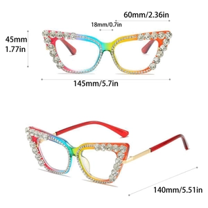 Cat-eye glasses frame with rainbow rhinestones and detailed size measurement specifications