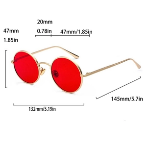 Detailed size chart for retro round sunglasses with red lenses and 132mm metal frame