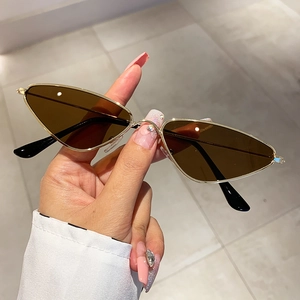 Detail of gold metal triangle cat-eye sunglasses with brown lenses held in hand