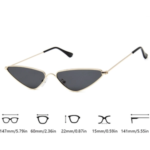 Detailed dimensions of the narrow gold metal cat-eye sunglasses with black lenses