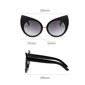 Detailed dimension guide for black oversized cat-eye sunglasses with gradient lenses