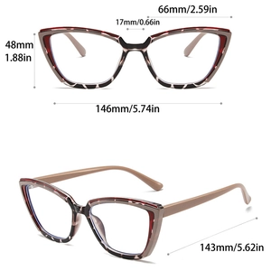Tabella taglie dettagliata per montature cat-eye tartarugate e rosse con dimensioni