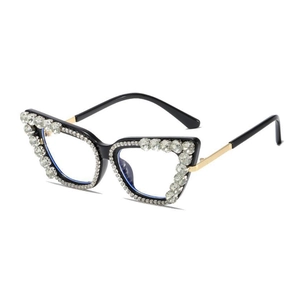 Chic cat eye blue light glasses with rainbow crystals and gold metallic temples