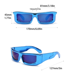 Detailed dimensions of blue Y2K cyberpunk sunglasses with metallic blue frame and sport style