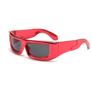 Cyberpunk metallic red wrap sunglasses with futuristic Y2K rectangular frame design