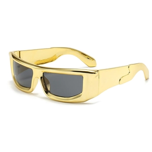Futuristic cyberpunk sunglasses with gold metal frame and dark grey polarized lenses