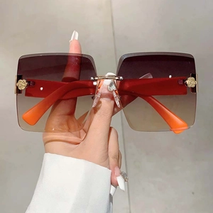 Rimless Oversized Square Sunglasses UV400 Protection Gradient Lens Metal Rose Decor Fashion Retro Eyewear Women