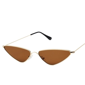 Retro triangle narrow frame sunglasses with gold metal frame and dark brown lenses