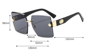 Detailed size specifications for rimless gradient sunglasses with metal head decoration