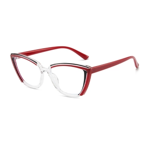 Montatura occhiali cat-eye anti-luce blu con elegante design patchwork rosso e trasparente