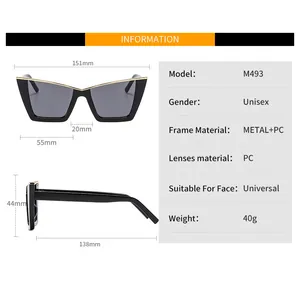 Detailed size chart for unisex cat-eye sunglasses featuring dimensions and material info
