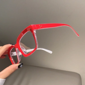 Fashionable red and white square thick frame glasses with glossy finish handheld view