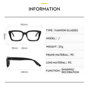 Detailed dimension guide for square frame fashion glasses with 141mm width and PC material