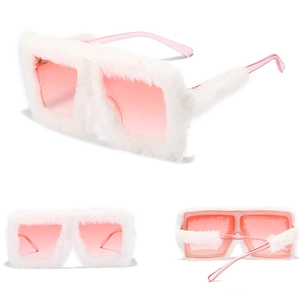 Détails de lunettes de soleil carrées avec bordure en fausse fourrure blanche et verres