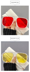 Détail de lunettes de soleil carrées transparentes rouge et jaune avec étui blanc