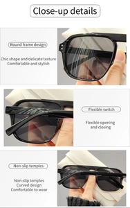 Vue détaillée de lunettes de soleil carrées montrant les charnières et les branches