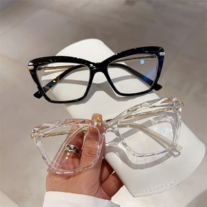 Detail of vintage cat-eye and transparent geometric blue light glasses with leather case