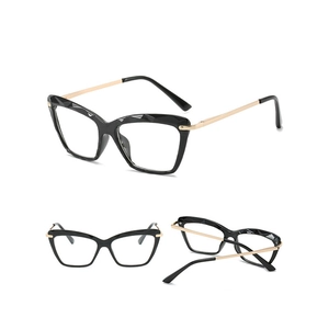 Detailed views of black cat-eye frames with 3D diamond cut texture and gold metal temples