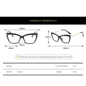 Size chart showing frame width 140mm and dimensions for unisex PC material eyewear